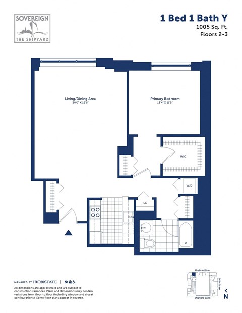 Floor plan for 1 bed, 1 bath, 1005 sqft